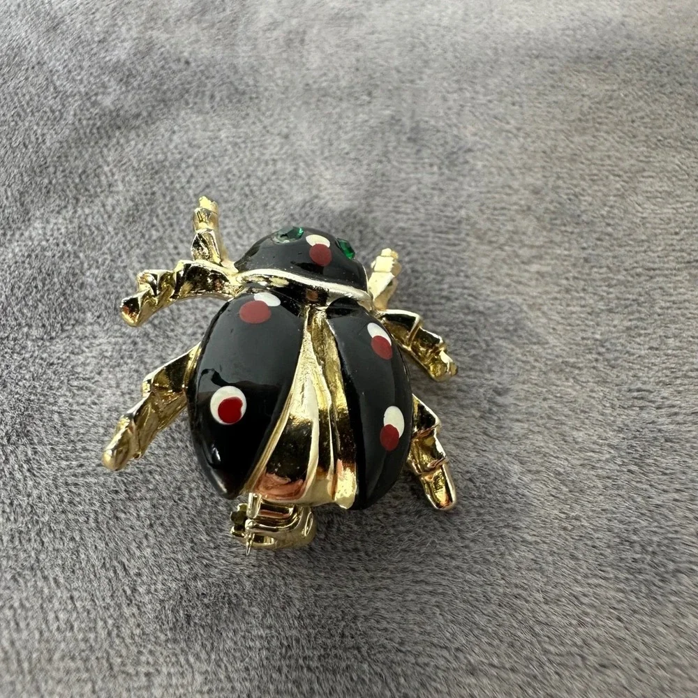 Ladybug Beetle Brooch‎ Black Enamel Red Polka Dot Green Eyes Gold Tone Vintage